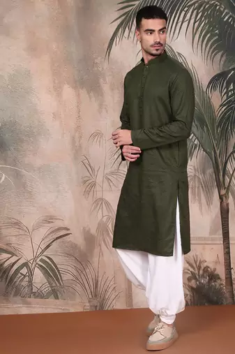 Olive cotton textured kurta pajama for mens