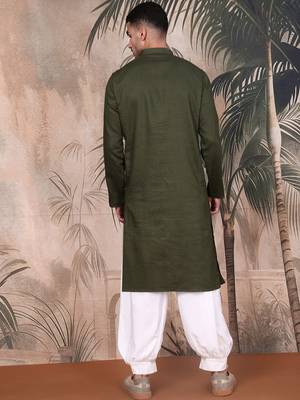 Olive cotton textured kurta pajama for mens 4