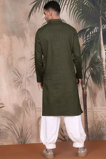 Olive cotton textured kurta pajama for mens