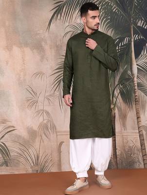 Olive cotton textured kurta pajama for mens 5