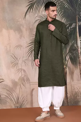 Olive cotton textured kurta pajama for mens