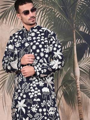 Deep blue silk blend chikankari kurta pajama for mens 1