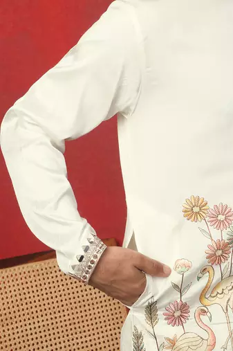 Cream multicolor thread & zari embroidered georgette kurta