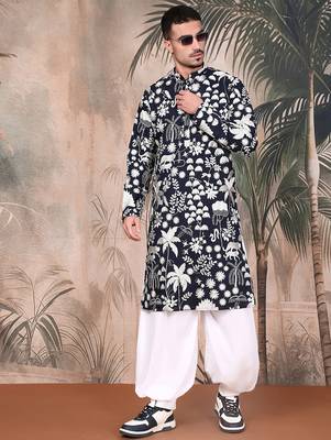 Deep blue silk blend chikankari kurta pajama for mens 2