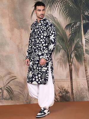 Deep blue silk blend chikankari kurta pajama for mens 3