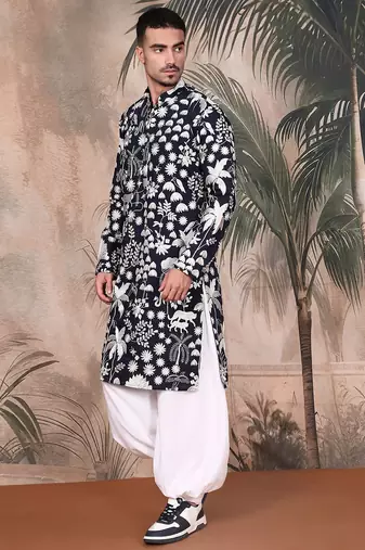 Deep blue silk blend chikankari kurta pajama for mens
