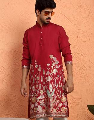 Red thread & zari embroidered georgette kurta 1