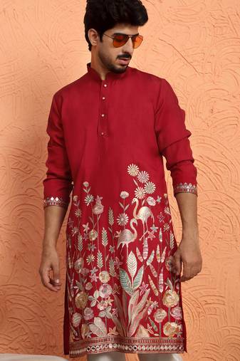 Red thread & zari embroidered georgette kurta