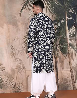 Deep blue silk blend chikankari kurta pajama for mens 4
