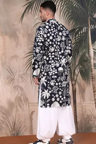 Deep blue silk blend chikankari kurta pajama for mens