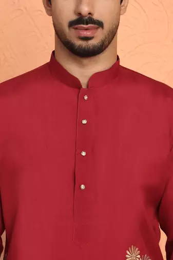 Red thread & zari embroidered georgette kurta