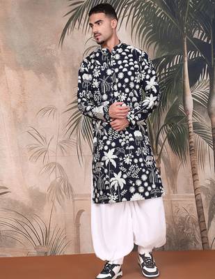 Deep blue silk blend chikankari kurta pajama for mens 5