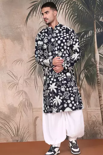 Deep blue silk blend chikankari kurta pajama for mens
