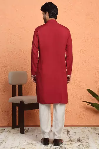 Red thread & zari embroidered georgette kurta