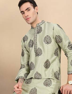 Green silk blend sequins kurta pajama for mens 1