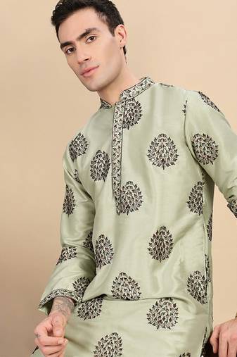 Green silk blend sequins kurta pajama for mens