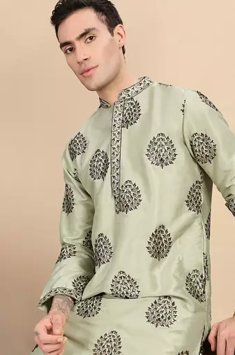 Green silk blend sequins kurta pajama for mens