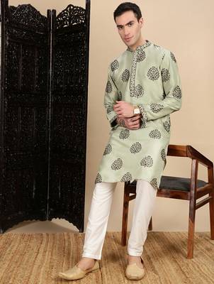Green silk blend sequins kurta pajama for mens 2