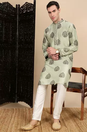 Green silk blend sequins kurta pajama for mens