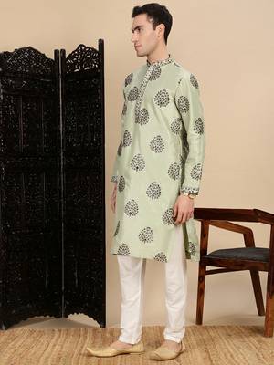 Green silk blend sequins kurta pajama for mens 3