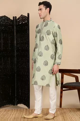 Green silk blend sequins kurta pajama for mens