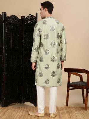 Green silk blend sequins kurta pajama for mens 4