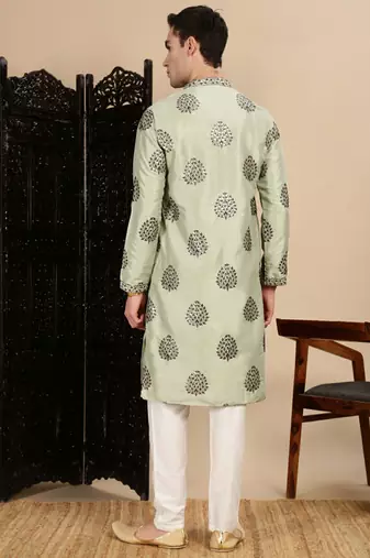 Green silk blend sequins kurta pajama for mens