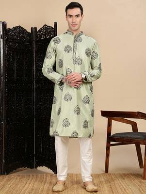 Green silk blend sequins kurta pajama for mens 5