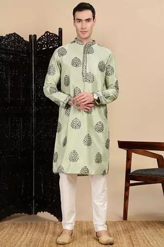 Green silk blend sequins kurta pajama for mens