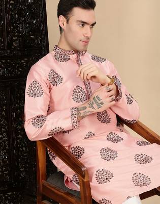 Peach silk blend sequins kurta pajama for mens 1