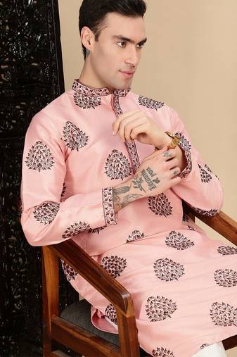 Peach silk blend sequins kurta pajama for mens