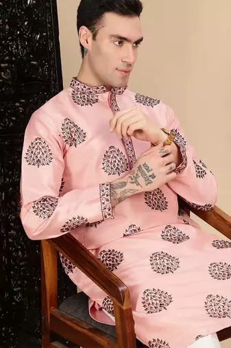 Peach silk blend sequins kurta pajama for mens
