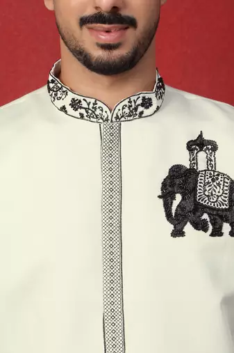 Cotton silk beads work animal motifs cream kurta