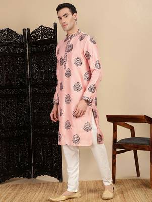 Peach silk blend sequins kurta pajama for mens 2