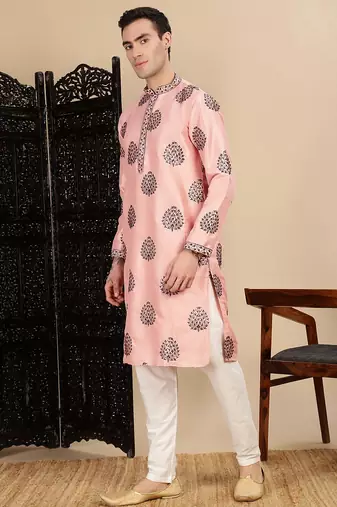 Peach silk blend sequins kurta pajama for mens
