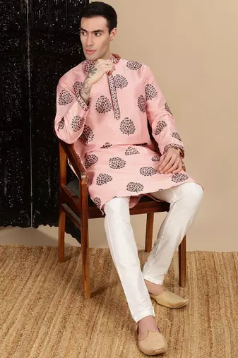 Peach silk blend sequins kurta pajama for mens