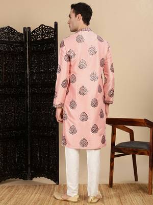 Peach silk blend sequins kurta pajama for mens 4