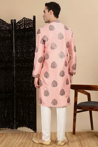 Peach silk blend sequins kurta pajama for mens