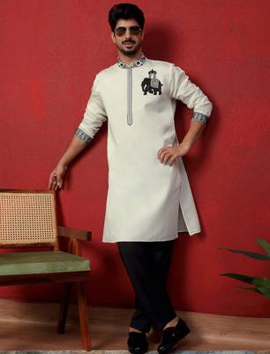 Cotton silk beads work animal motifs cream kurta 5
