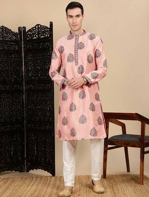 Peach silk blend sequins kurta pajama for mens 5