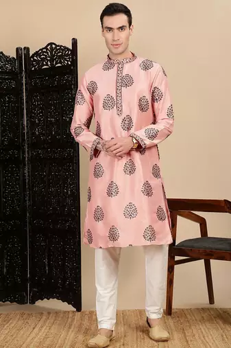 Peach silk blend sequins kurta pajama for mens