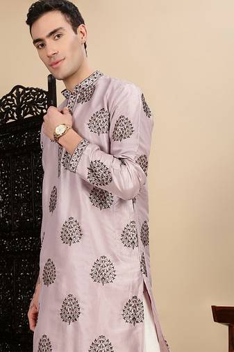 Purple silk blend sequins kurta pajama for mens