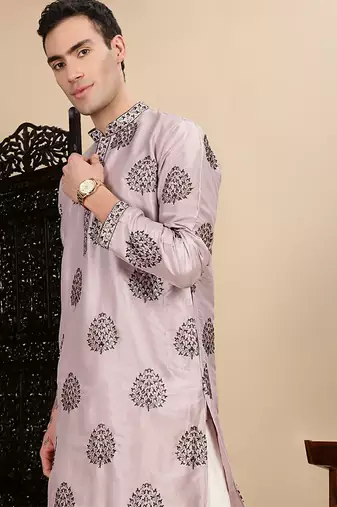 Purple silk blend sequins kurta pajama for mens