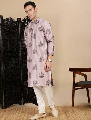Pink silk blend sequins kurta pajama for mens 2