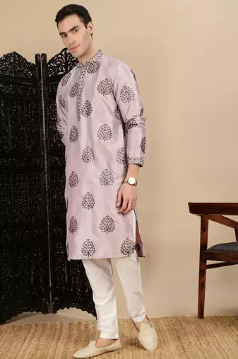 Pink silk blend sequins kurta pajama for mens