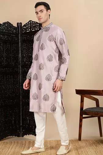 Pink silk blend sequins kurta pajama for mens