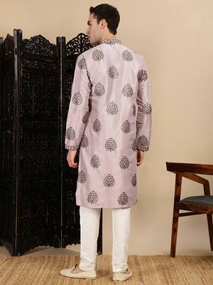 Pink silk blend sequins kurta pajama for mens 4