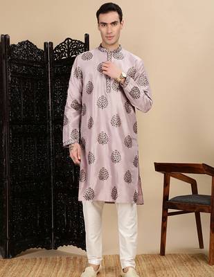 Pink silk blend sequins kurta pajama for mens 5