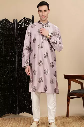 Pink silk blend sequins kurta pajama for mens