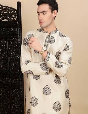 beige silk blend sequins kurta pajama for mens 1